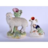 Staffordshire figure of a sheep and another of a girl with lamb. Largest 20cm high