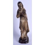 A 19TH CENTURY EUROPEAN TERRACOTTA PAINTED FIGURE OF A SAINT modelled with hands clasped. 27 cm hig