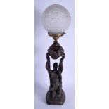 A FRENCH ART DECO SPELTER FIGURAL TABLE LAMP modelled as a female holding aloft a floral orb. 53 cm