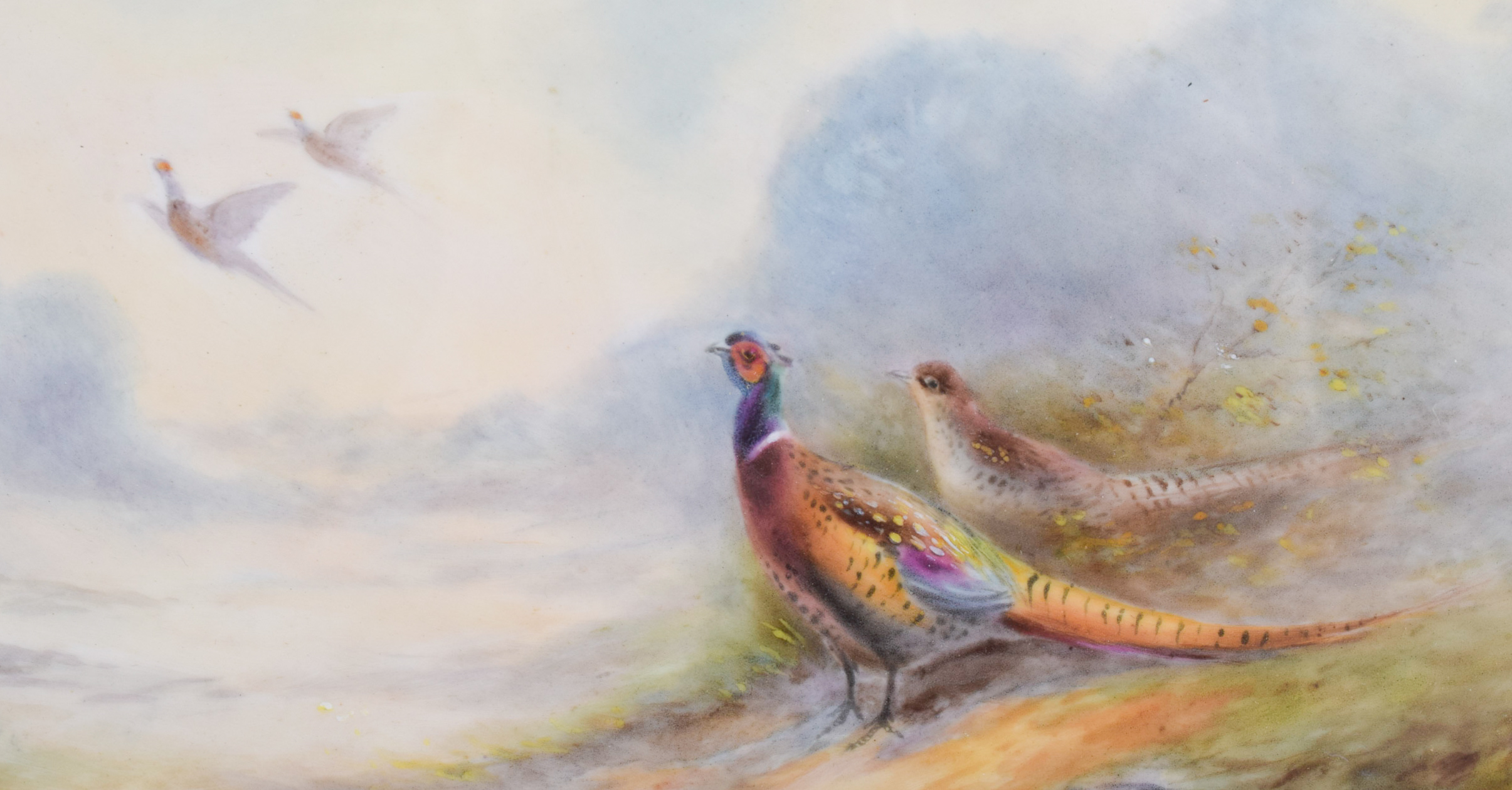 A FRAMED ROYAL WORCESTER PORCELAIN PLAQUE by James Stinton, depicting four pheasants within landsca - Image 2 of 5