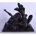 A 19TH CENTURY CONTINENTAL BRONZE FIGURE OF A FALLEN WARRIOR modelled being attacked by a lion. 22