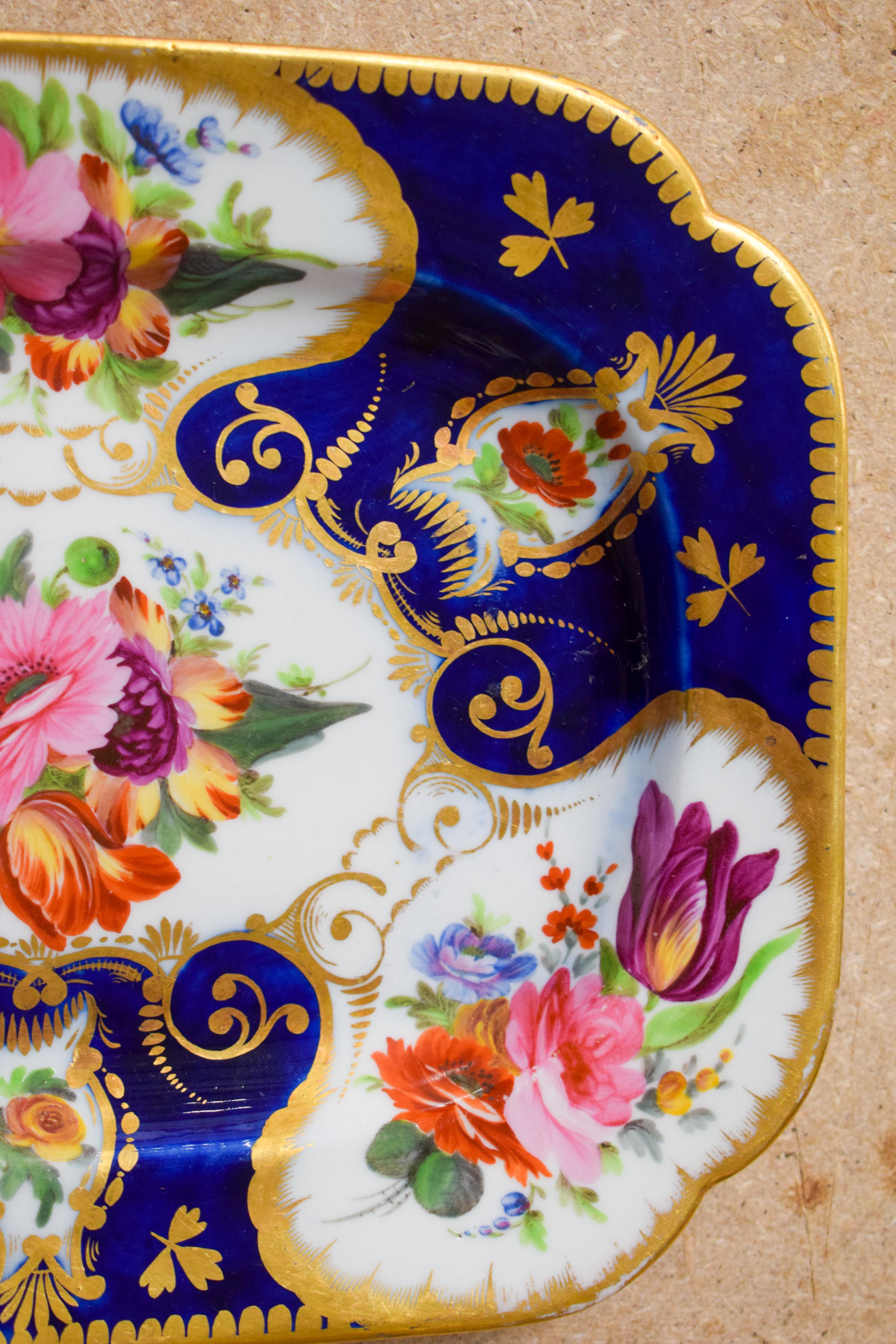 Early 19th c. Coalport pair rectangular dishes painted lavish flowers on a cobalt blue and gilt gro - Image 3 of 14