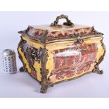 A LARGE CONTEMPORARY CONTINENTAL BRONZE MOUNTED POTTERY BOX AND COVER decorated with figures. 37 cm