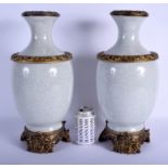 A LARGE PAIR OF 19TH CENTURY CHINESE GE TYPE POTTERY VASES with French mounts. 42 cm high.