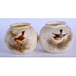 Graingers Worcester pair of spirally moulded spherical pots painted with birds date for 1892 g161.