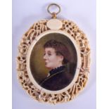 A 19TH CENTURY EUROPEAN CARVED IVORY PORTRAIT MINIATURE contained within a Qing dynasty ivory frame