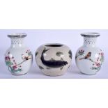 A PAIR OF CHINESE REPUBLICAN PERIOD FAMILLE ROSE VASES together with a crackle glazed brush washer.