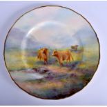 Royal Worcester fine large plate or charger fully hand painted with Highland cattle in a mountainou