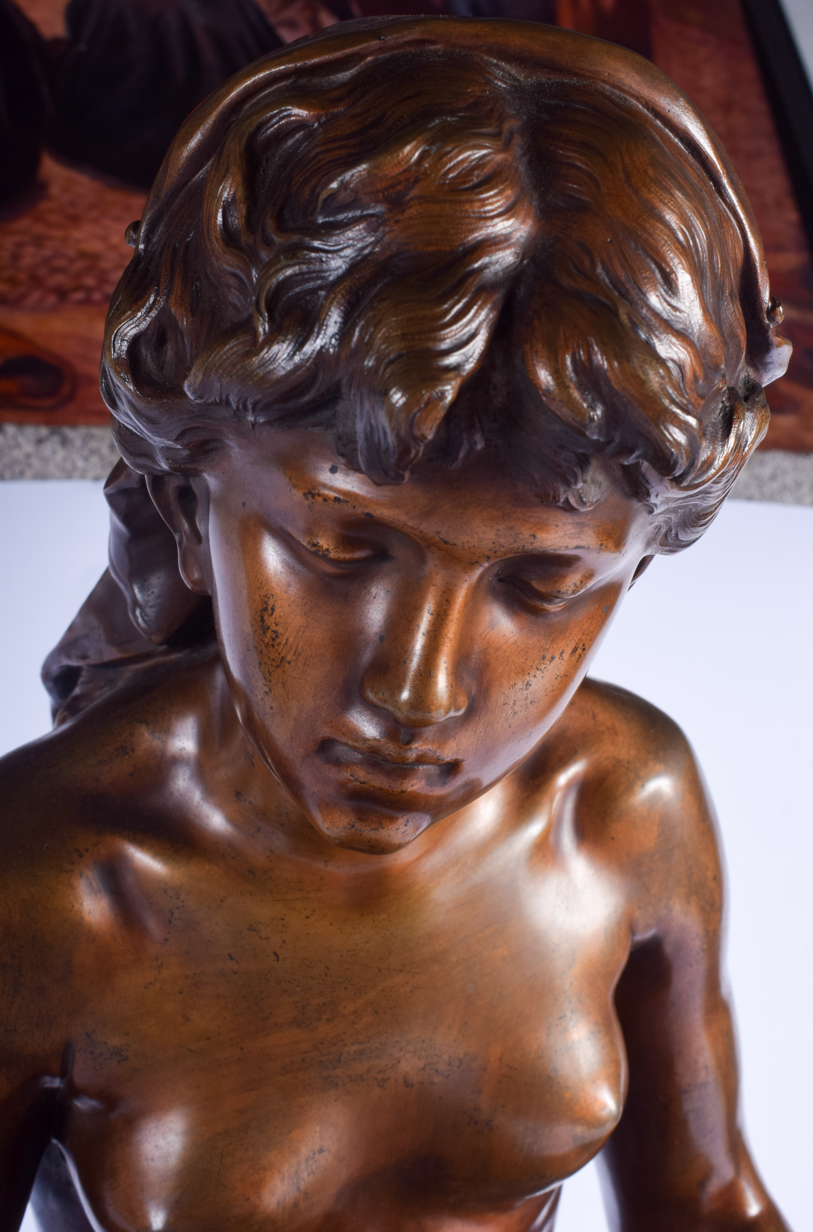 A VERY LARGE 19TH CENTURY FRENCH BRONZE FIGURE OF A FEMALE modelled pouring water into a putti's mo - Image 2 of 5