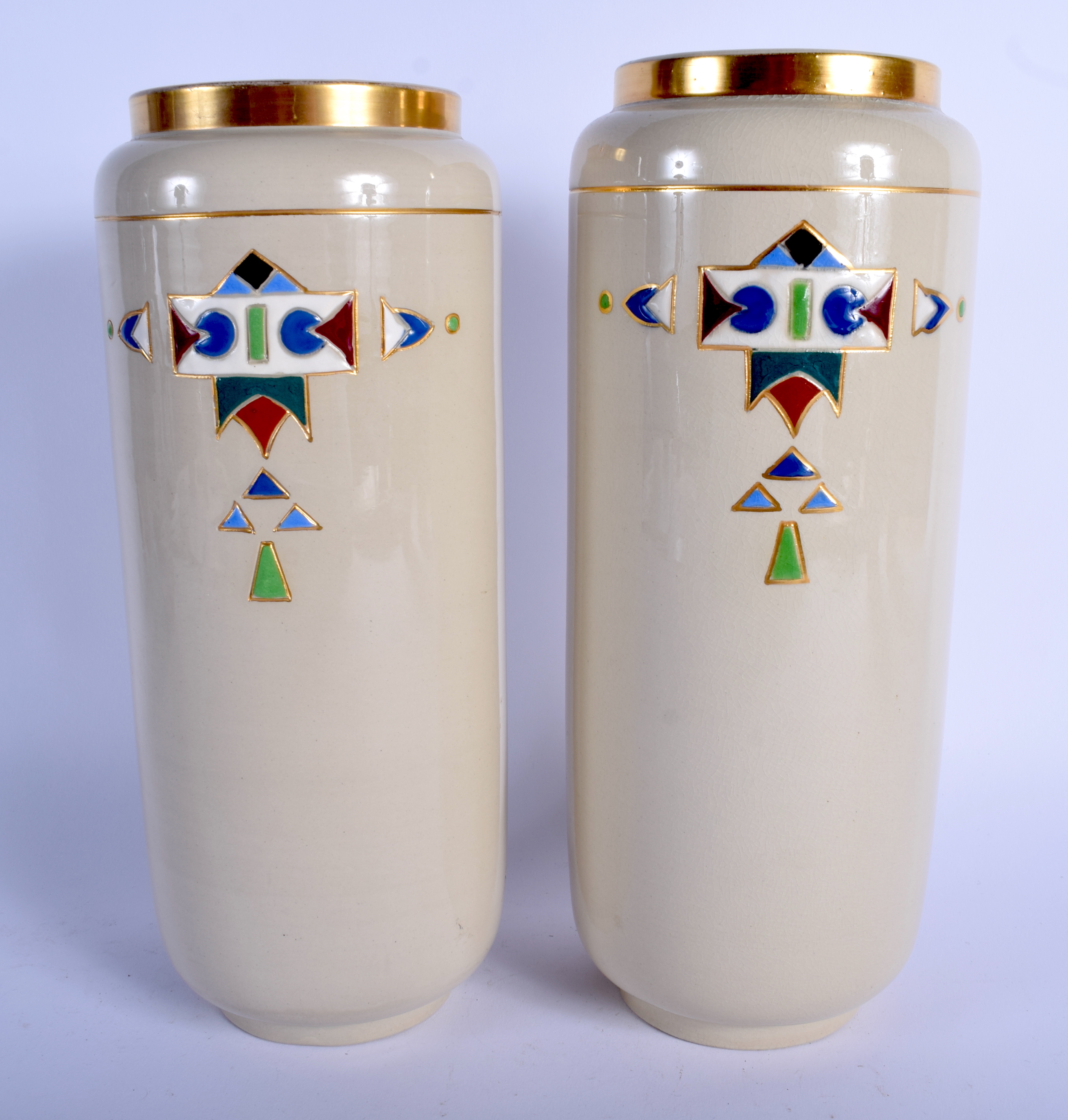 A LARGE PAIR OF ART DECO FRENCH SARREGUEMINES VASES enamelled with motifs. 27 cm high. - Bild 2 aus 3