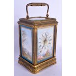 A 19TH CENTURY FRENCH SEVRES PORCELAIN BRASS CARRIAGE CLOCK painted with lovers within landscapes.
