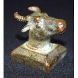 A Small Chinese bronze goats head seal 3 x 4cm
