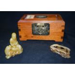 A Chinese wooden Huanghuali type box together with two soapstone figures 20 x 13cm