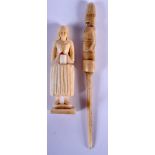 A 19TH CENTURY CONTINENTAL CARVED IVORY NEEDLE HOLDER together with a early bone stick. (2)