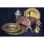 A quantity of metal items including brass candle sticks, copper cauldron etc