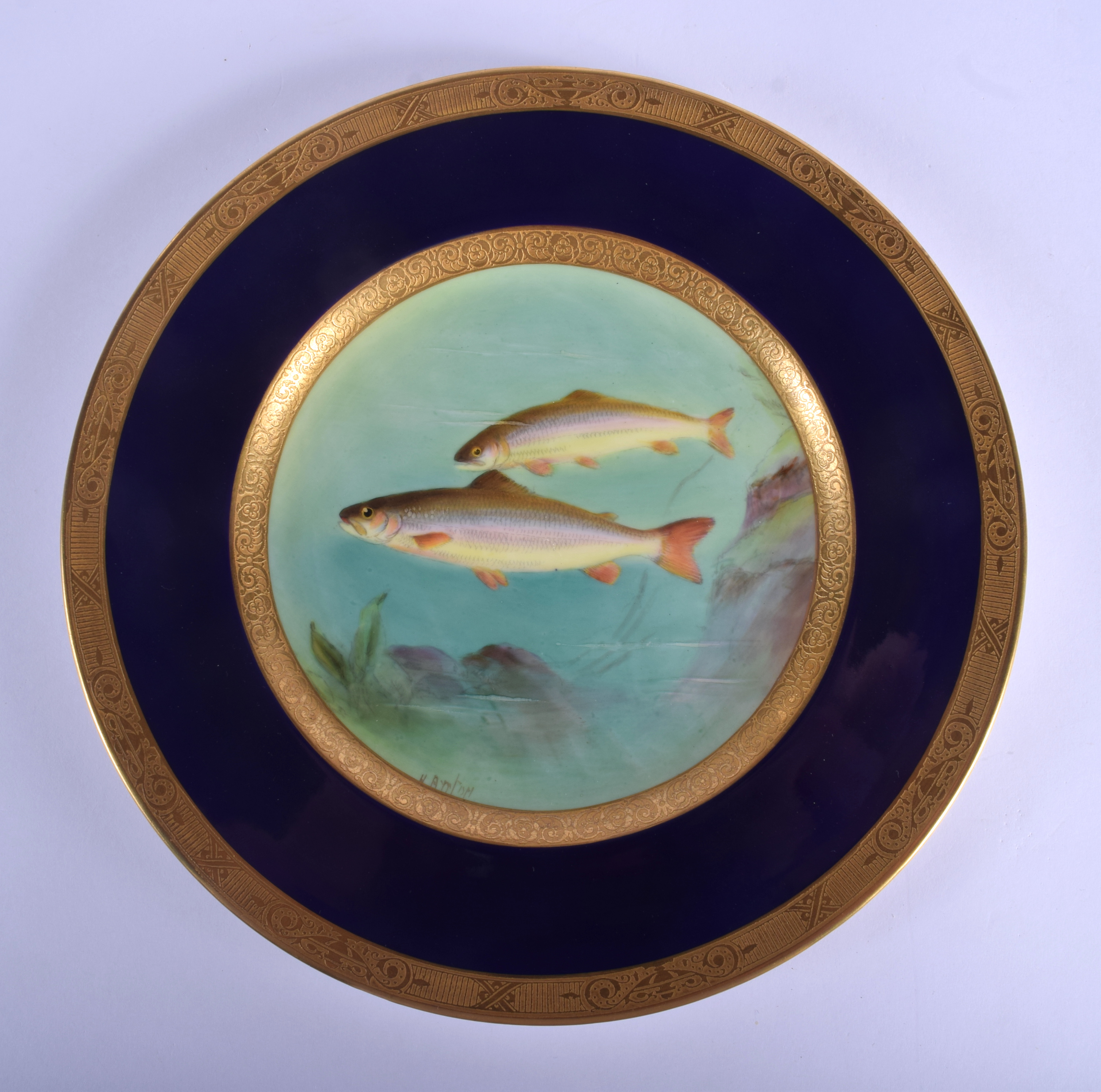 Royal Worcester fine plate painted with swimming fish, titled Char, by Harry Ayrton signed date cod