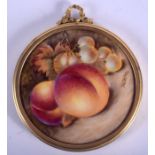 A SMALL ROYAL WORCESTER FRUIT PAINTED PLATE by M Creed. 6 cm diameter.