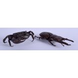 A JAPANESE STAG BEETLE OKIMONO together with a bronze crab. Largest 14 cm x 5 cm. (2)