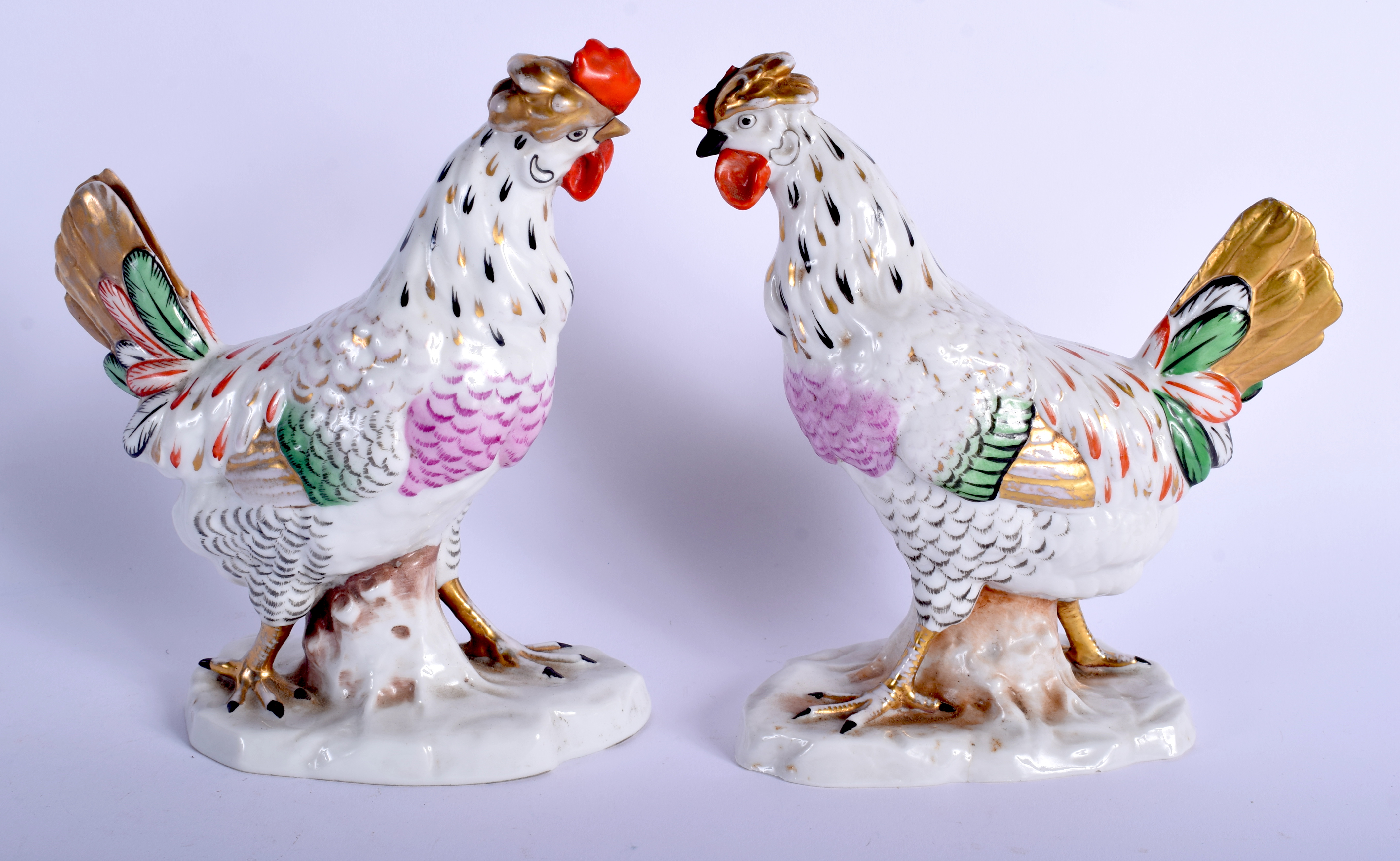 A PAIR OF EARLY 20TH CENTURY GERMAN PORCELAIN BIRDS modelled upon a naturalistic base. 17 cm x 10 c - Bild 2 aus 3