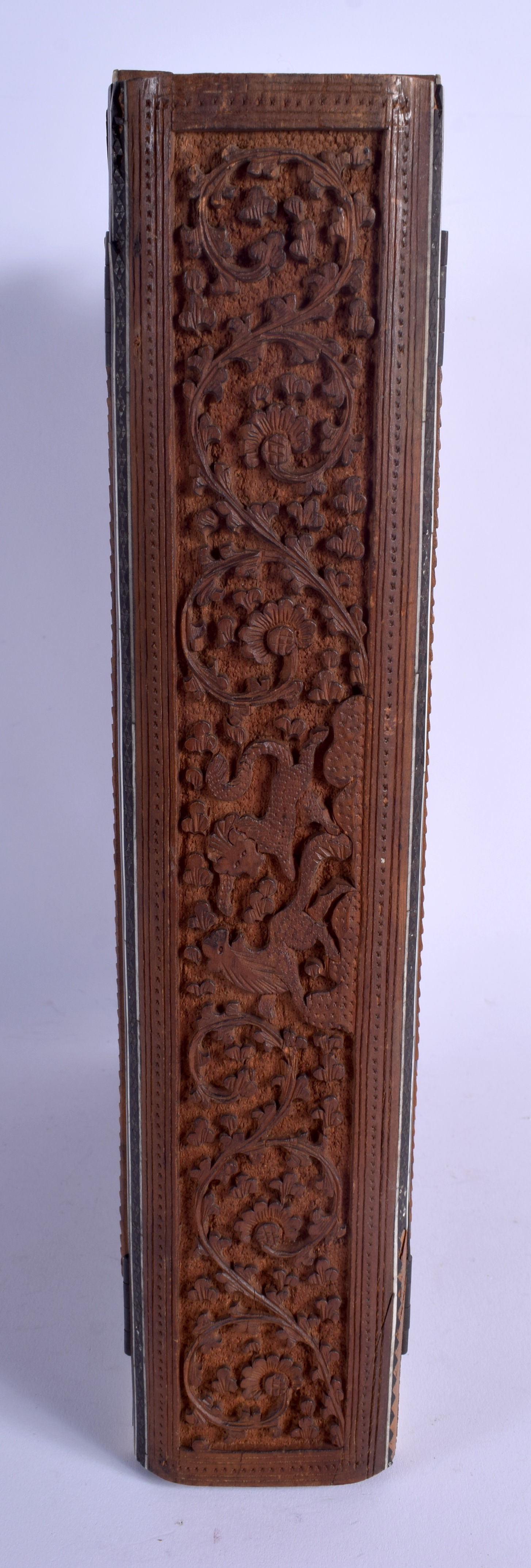 A RARE LARGE 19TH CENTURY MIDDLE EASTERN IVORY AND SANDALWOOD BOOK COVER decorated with elephants a - Image 4 of 5