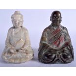 A 19TH CENTURY CHINESE JADE FIGURE OF A BUDDHA Qing, together with a similar bronze buddha. 15 cm x