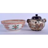 A 19TH CENTURY JAPANESE MEIJI PERIOD IMARI BOWL together with a satsuma censer & cover. Largest 16.