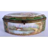 AN EARLY 20TH CENTURY EUROPEAN PORCELAIN LOBED BOX painted with lovers within a landscape. 15 cm x