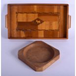 AN ART DECO CARVED WOOD SCOTTY DOG TRAY together with a mouseman style tray. 42 cm x 28 cm. (2)