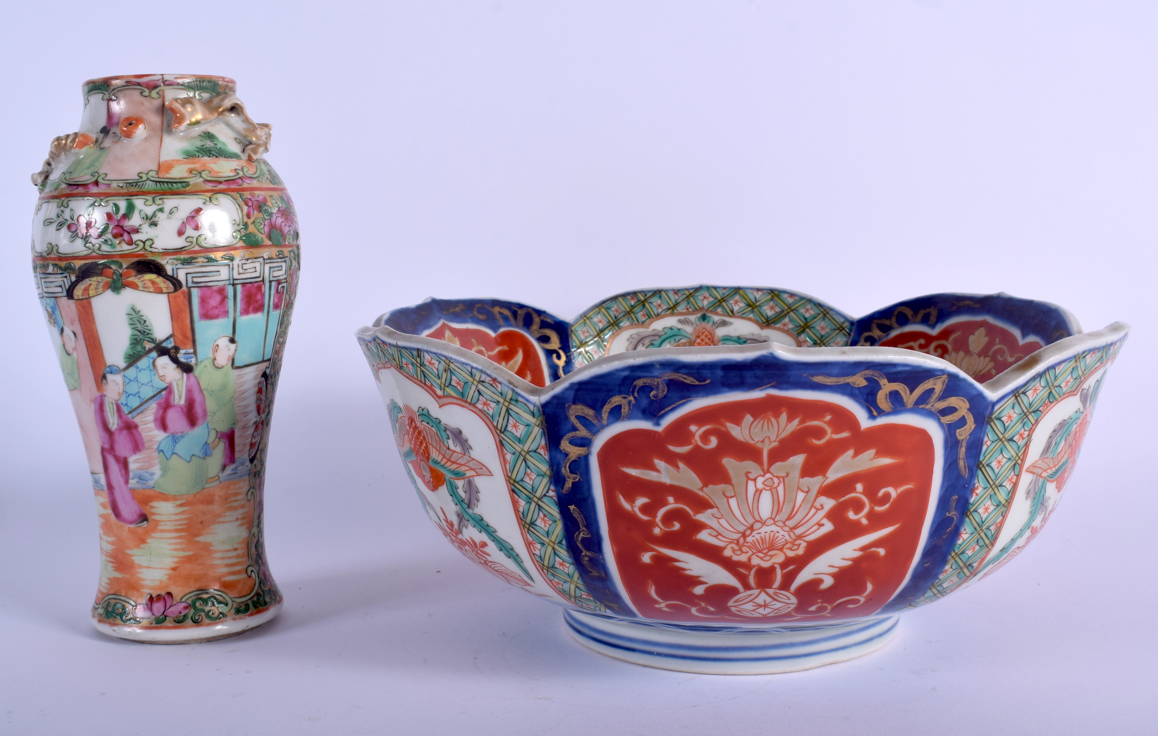 A 19TH CENTURY JAPANESE MEIJI PERIOD IMARI BOWL together with a canton famille rose vase. Largest 2 - Image 2 of 4