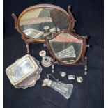 Two wooden mirrors, silver plate items and a glass jug