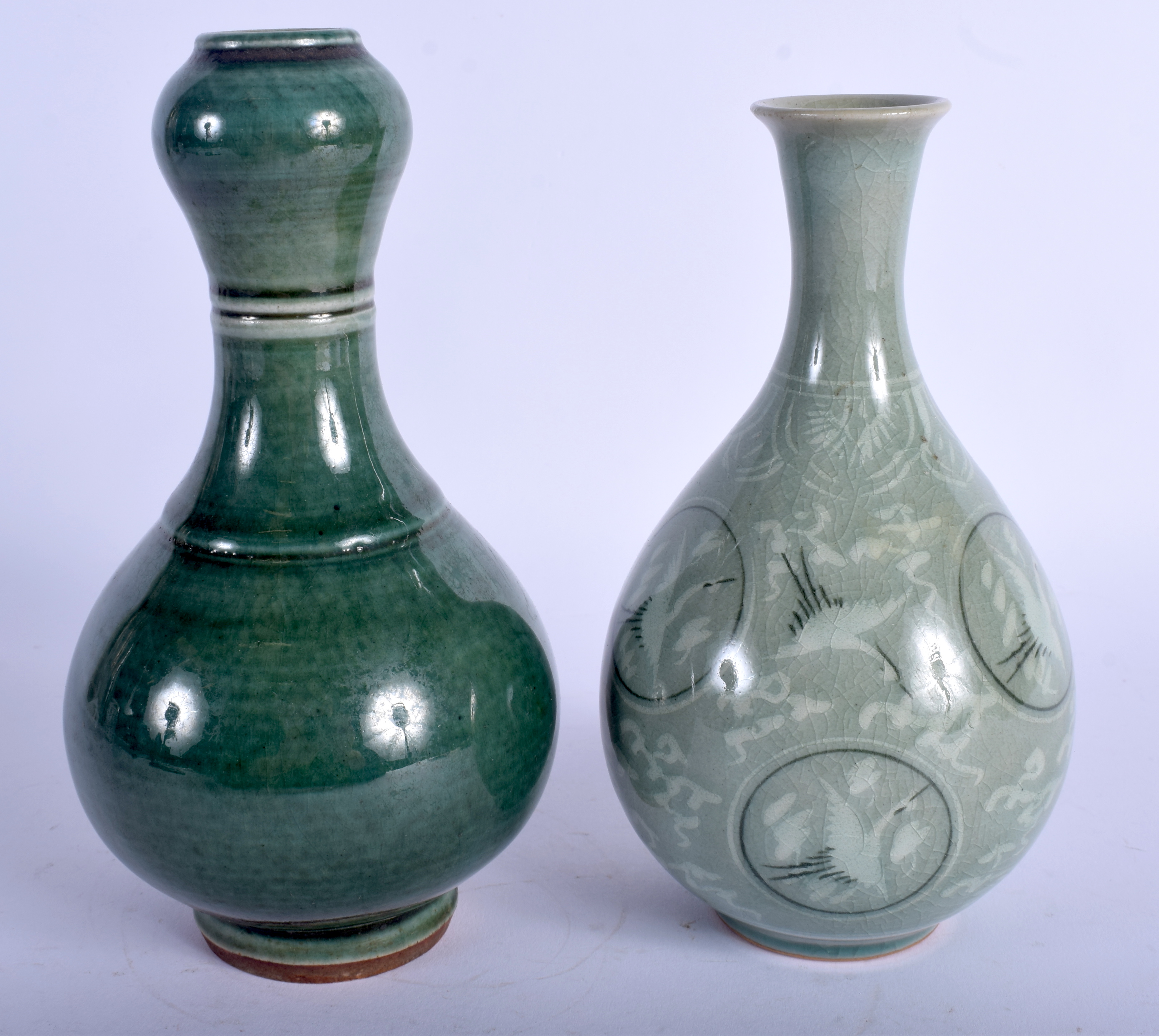 AN EARLY 20TH CENTURY KOREAN STONEWARE VASE together with a garlic neck vase. 18 cm high. (2) - Image 2 of 3