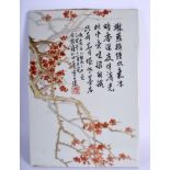A CHINESE CALLIGRAPHY TILE 20th Century, painted with cherry blossom foliage. 36 cm x 27 cm.