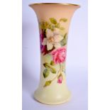 Royal Worcester blush ivory trumpet shaped vase painted with roses and a lily highlighted in white