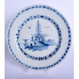 18th c. English delft plate painted in blue with a house and pine tree on an island. 22.5cm diamete