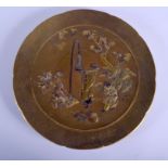 A 19TH CENTURY JAPANESE MEIJI PERIOD GOLD ONLAID BRONZE DISH decorated with scholars within landsca