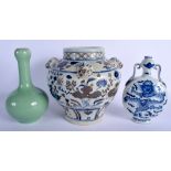 A CHINESE BLUE AND WHITE PORCELAIN MOON FLASK 20th Century, together with a ming style jar & a cela
