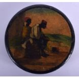A VERY RARE MID 19TH CENTURY ENGLISH PAPIER MACHE BOX AND COVER painted with two figures within a l