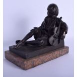 A CONTINENTAL BRONZE FIGURE OF A MUSICIAN After Harel, modelled upon a marble base. 22 cm x 20 cm.