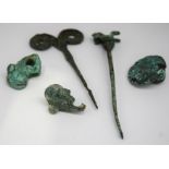 Iranian/Persian Lorestan period bronze hair pin lion and bird head pendants 11cm