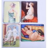 FOUR EARLY 20TH CENTURY EUROPEAN ENAMELLED TIN PLAQUES depicting risqué scenes. 10 cm x 5 cm. (4)