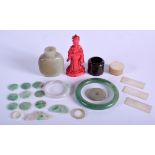 A 19TH CENTURY CHINESE CARVED JADE SNUFF BOTTLE together with jadeite amulets etc. (qty)