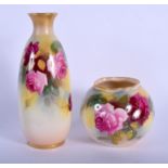 Royal Worcester vase finely painted with Hadley style roses, signed by M. Hunt, puce mark, shape 2