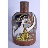 A RETRO CONTINENTAL TIN GLAZED POTTERY VASE painted with a female with breast exposed. 23 cm x 12 c