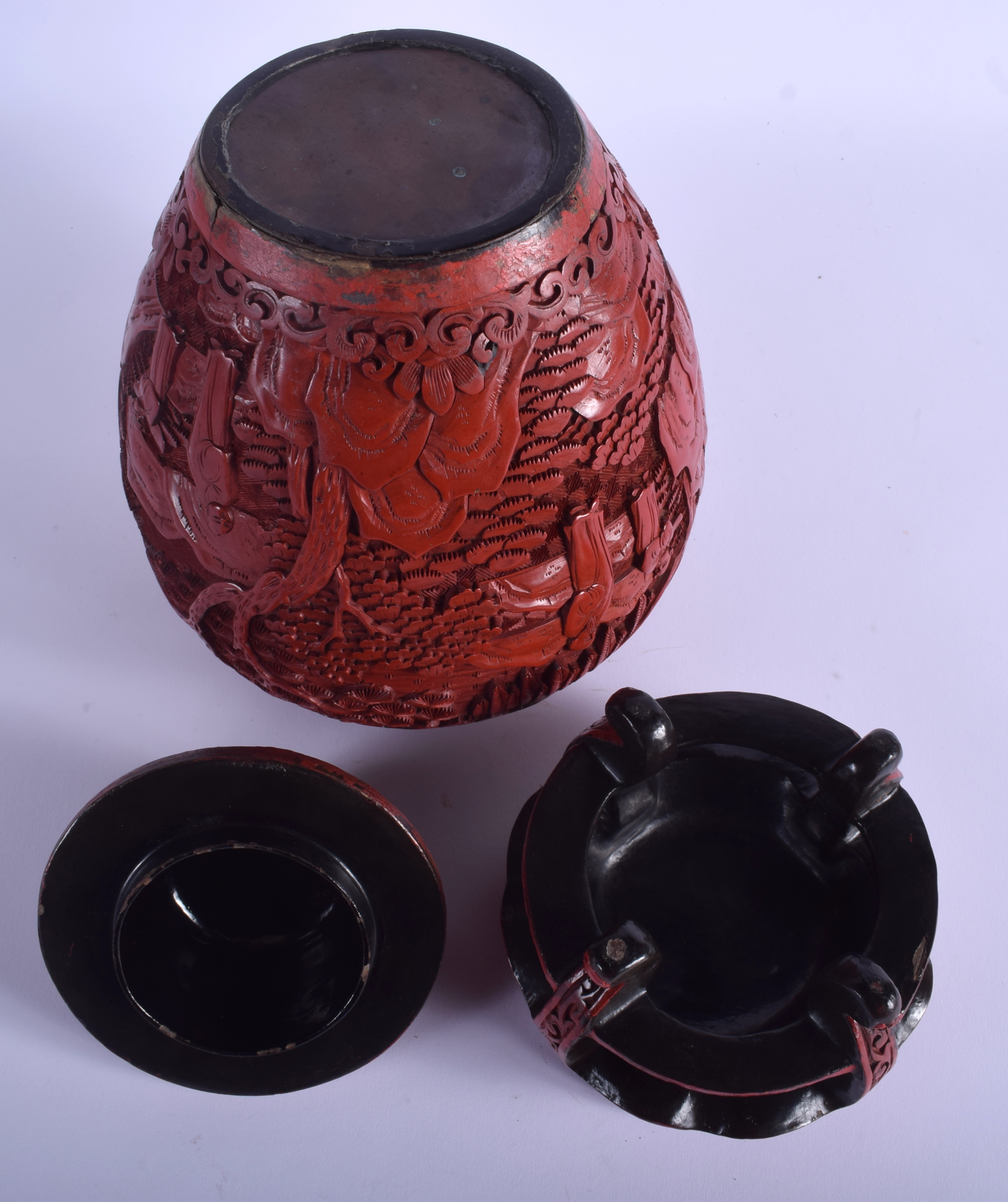 A RARE 19TH CENTURY CHINESE CARVED CINNABAR LACQUER VASE AND COVER Qing, upon a fitted stand. 37 cm - Image 4 of 20