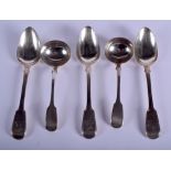 A PAIR OF ANTIQUE SILVER LADLES together with three silver spoons. 586 grams. (qty)