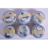 SIX CHINESE CA MAU CARGO PORCELAIN COSMETIC BOXES AND COVERS painted with flowers. 6.5 cm diameter.