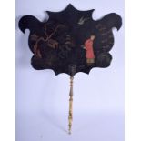 A 19TH CENTURY EUROPEAN BLACK LACQUER CHINOSERIE FAN painted with a figure within a landscape. 40 c
