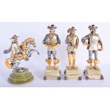 A GOOD SET OF FOUR EARLY 20TH CENTURY ITALIAN SILVERED BRONZE FIGURES OF CAVALIERS upon onyx bases.
