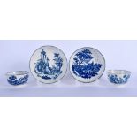 Worcester two tea bowls and saucers, European Landscape and Mother and Child. Tea bowls 7.5cm wide