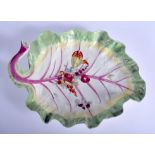 Chelsea leaf shaped dish moulded with veins painted with flowers under a green and yellow border, r